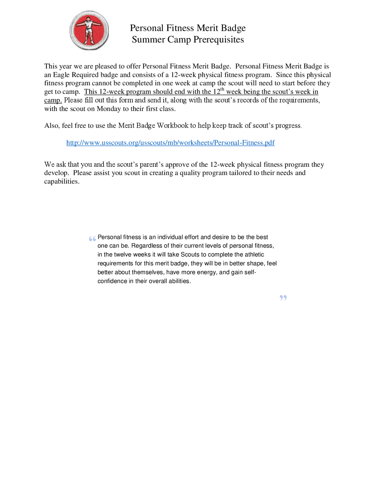 Personal Fitness Merit Badge Prerequisites 12 Week Physical Fitness Program For Scouts Study Notes Physical Activity And Sport Sciences Docsity