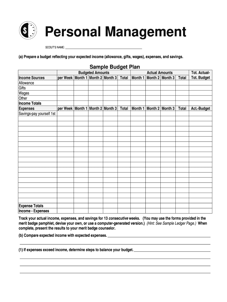 Personal Management Merit Badge Budget Template Fill Out Sign Worksheets Library