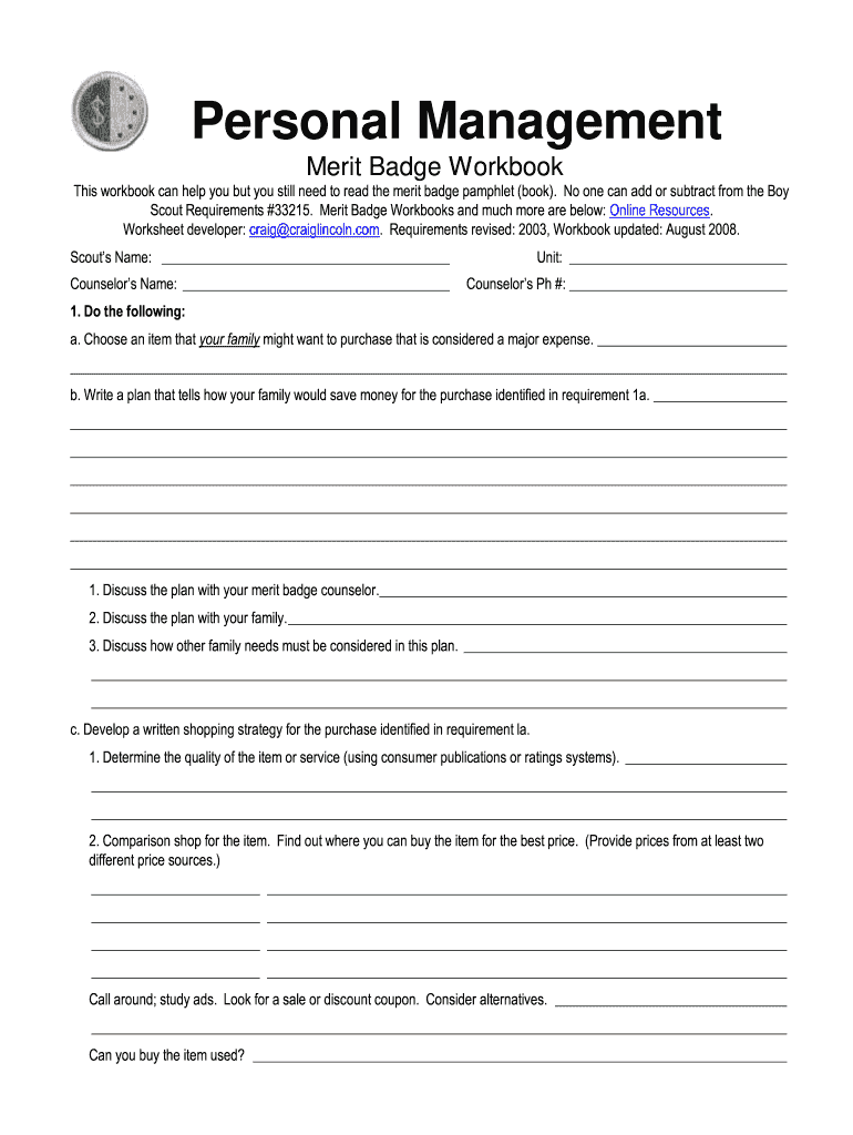 Personal Management Merit Badge Workbook Fill Out Sign Online DocHub