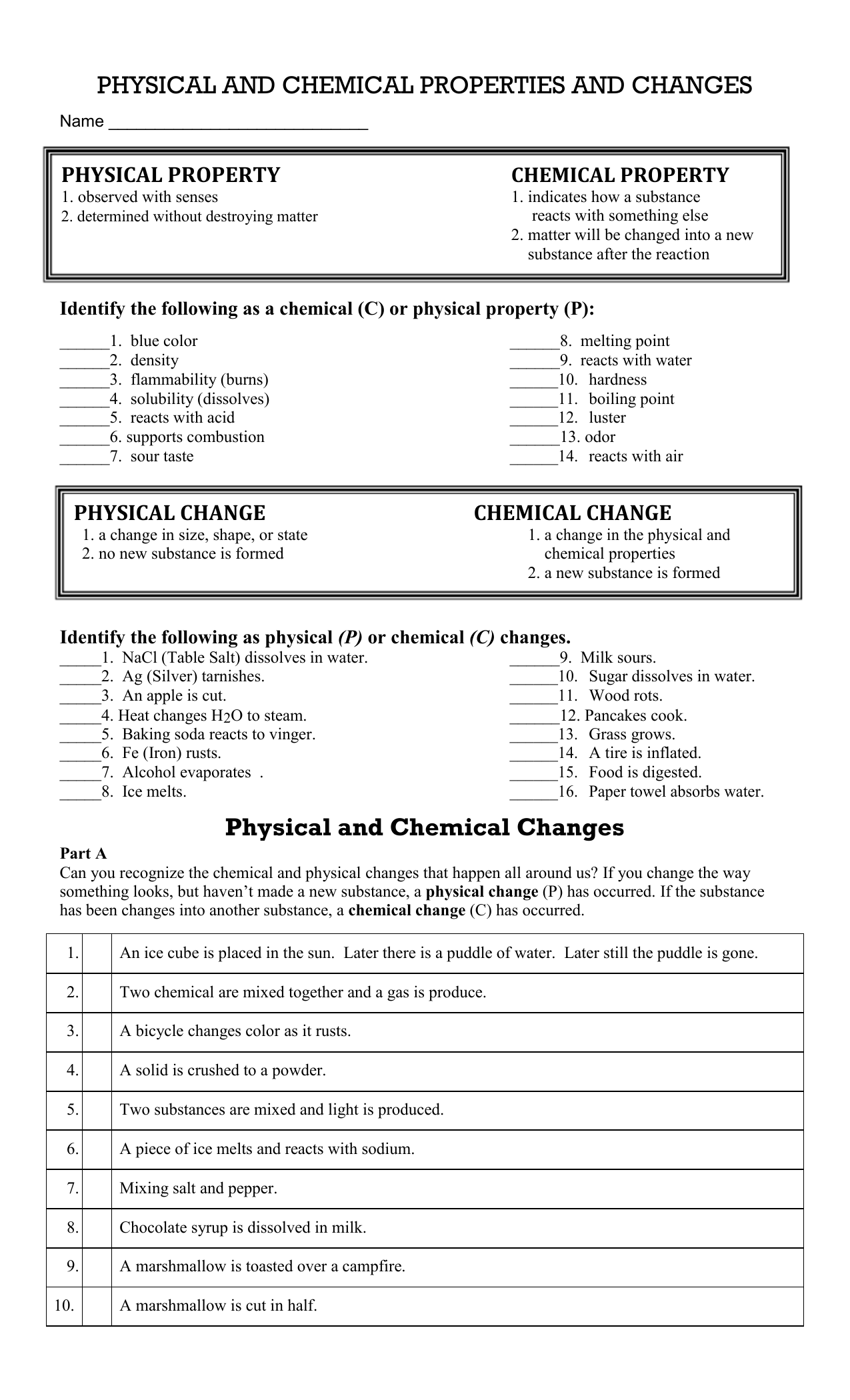 Physical Chemical Properties Worksheet Physical Chemical Properties Worksheet