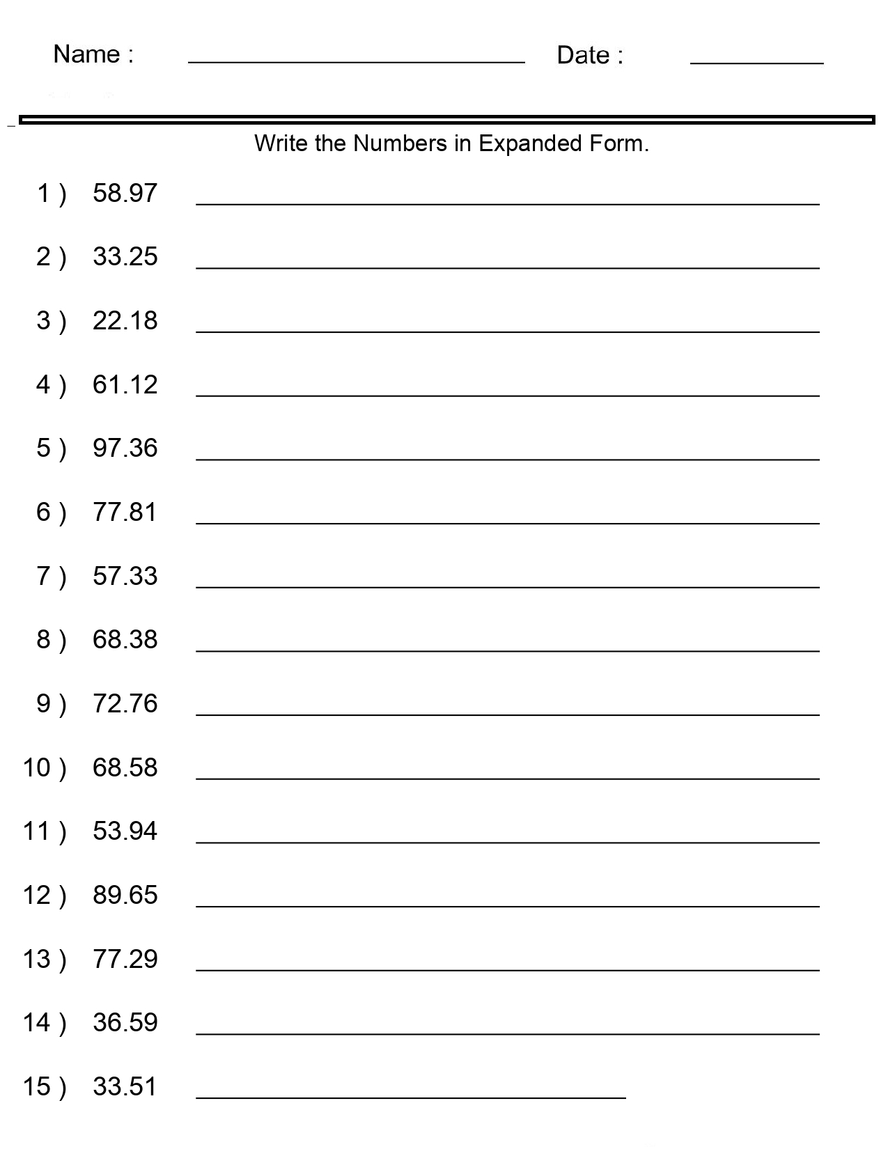 decimal number forms review worksheet