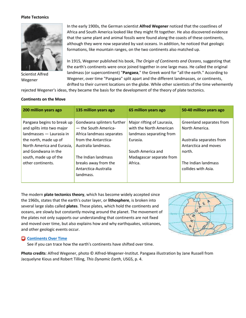 Plate Tectonics Wegener Continental Drift Worksheet