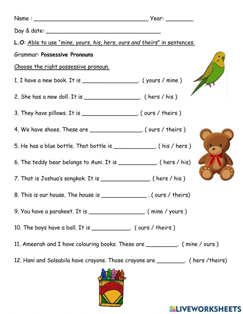 Possessive Pronouns Online Exercise For Grade 3 Year 3 Live Worksheets Library