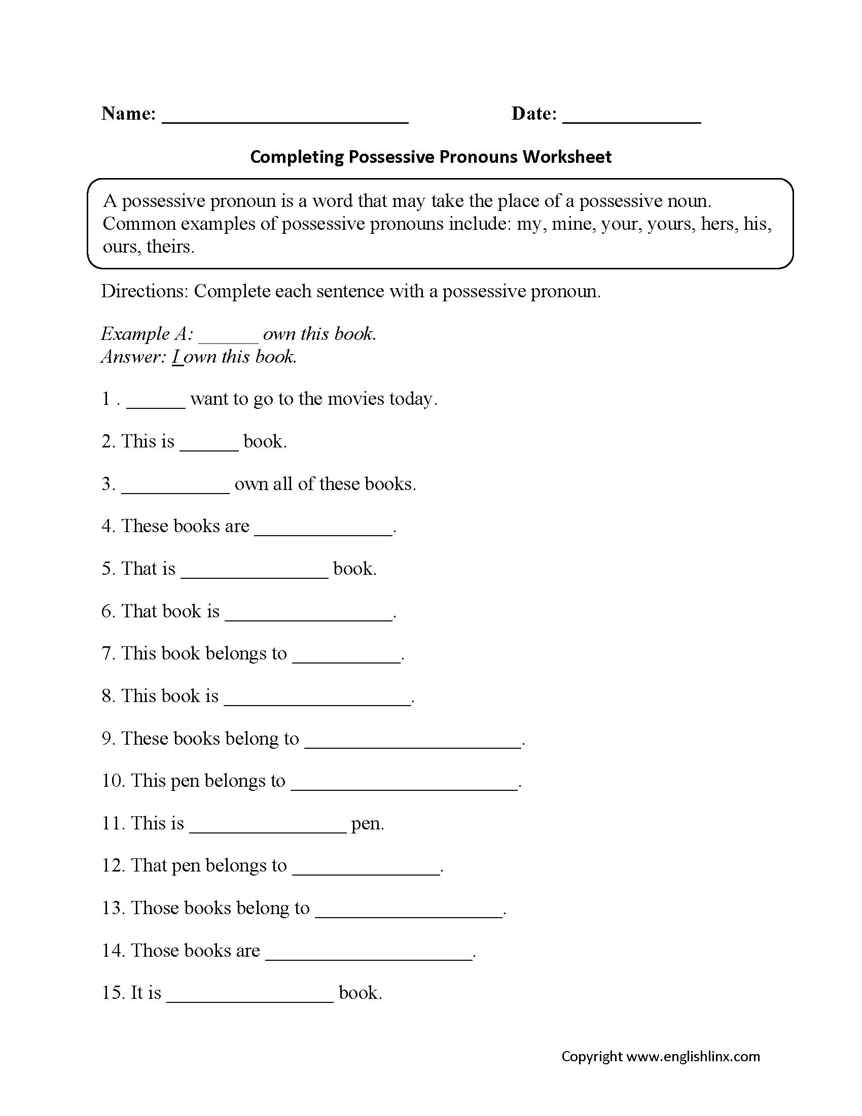 Possessive Pronouns Worksheets Completing Possessive Pronouns Worksheet