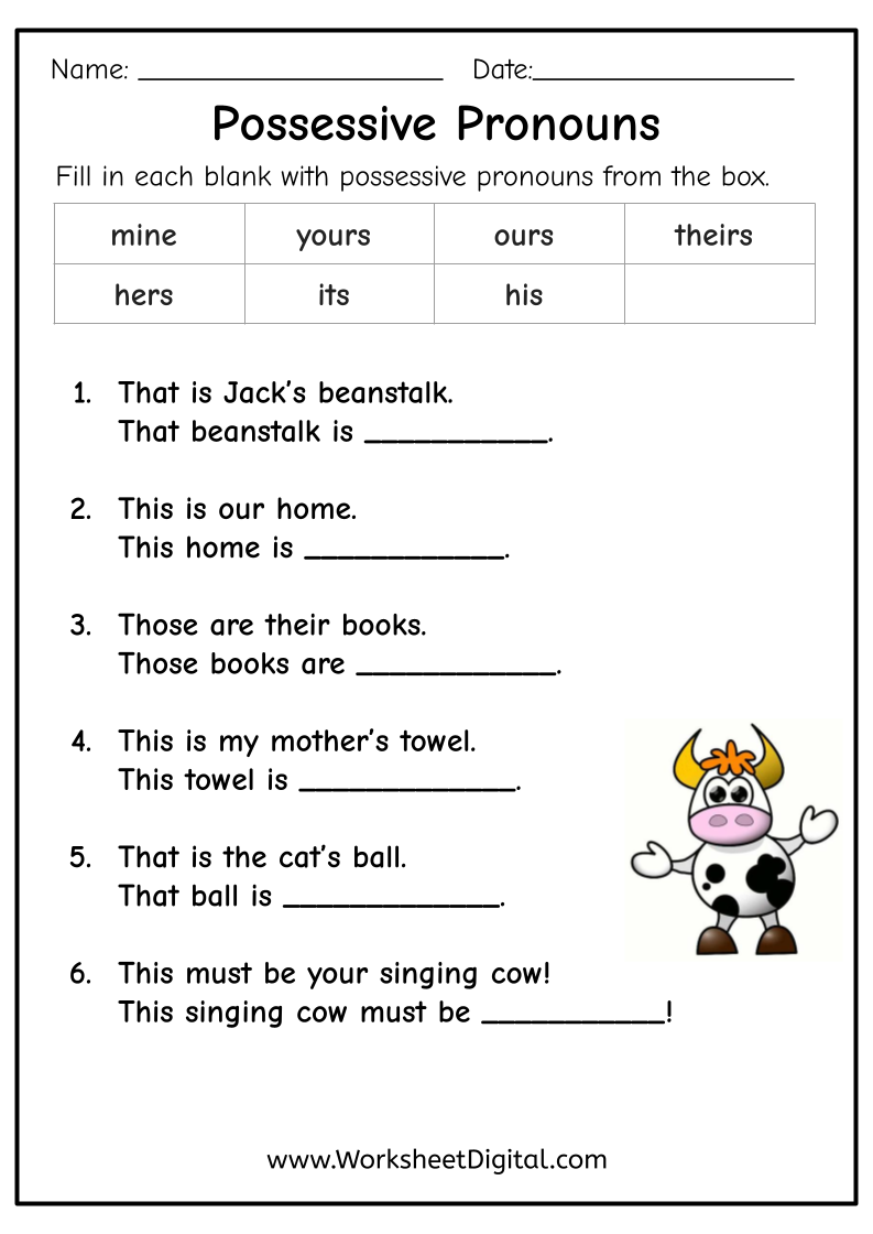 Possessive Pronouns Worksheets For Young Learners