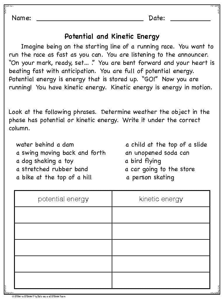potential and kinetic energy worksheet