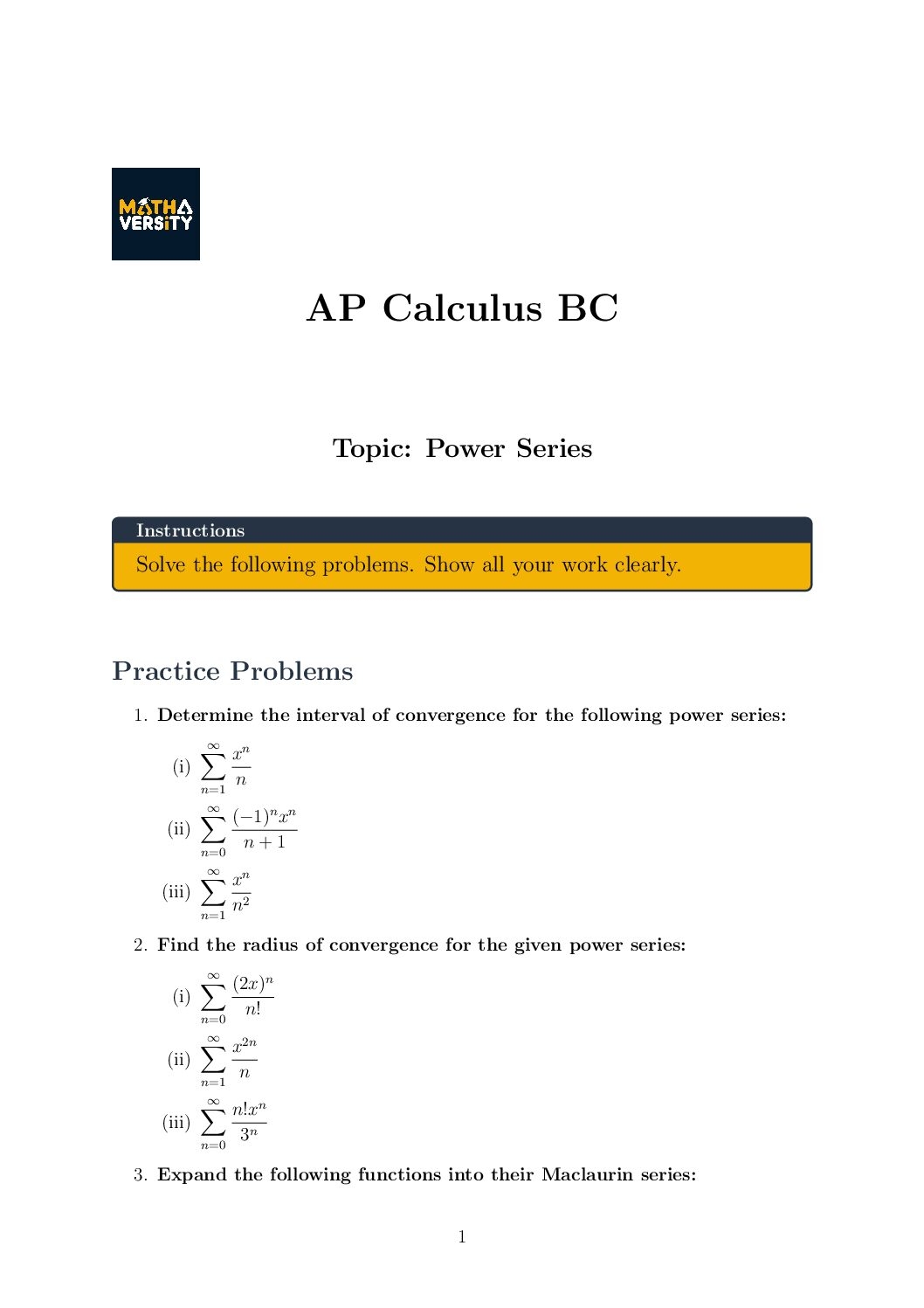 Power Series AP Calculus BC Free Worksheet Practice Problems Mathaversity Tutors