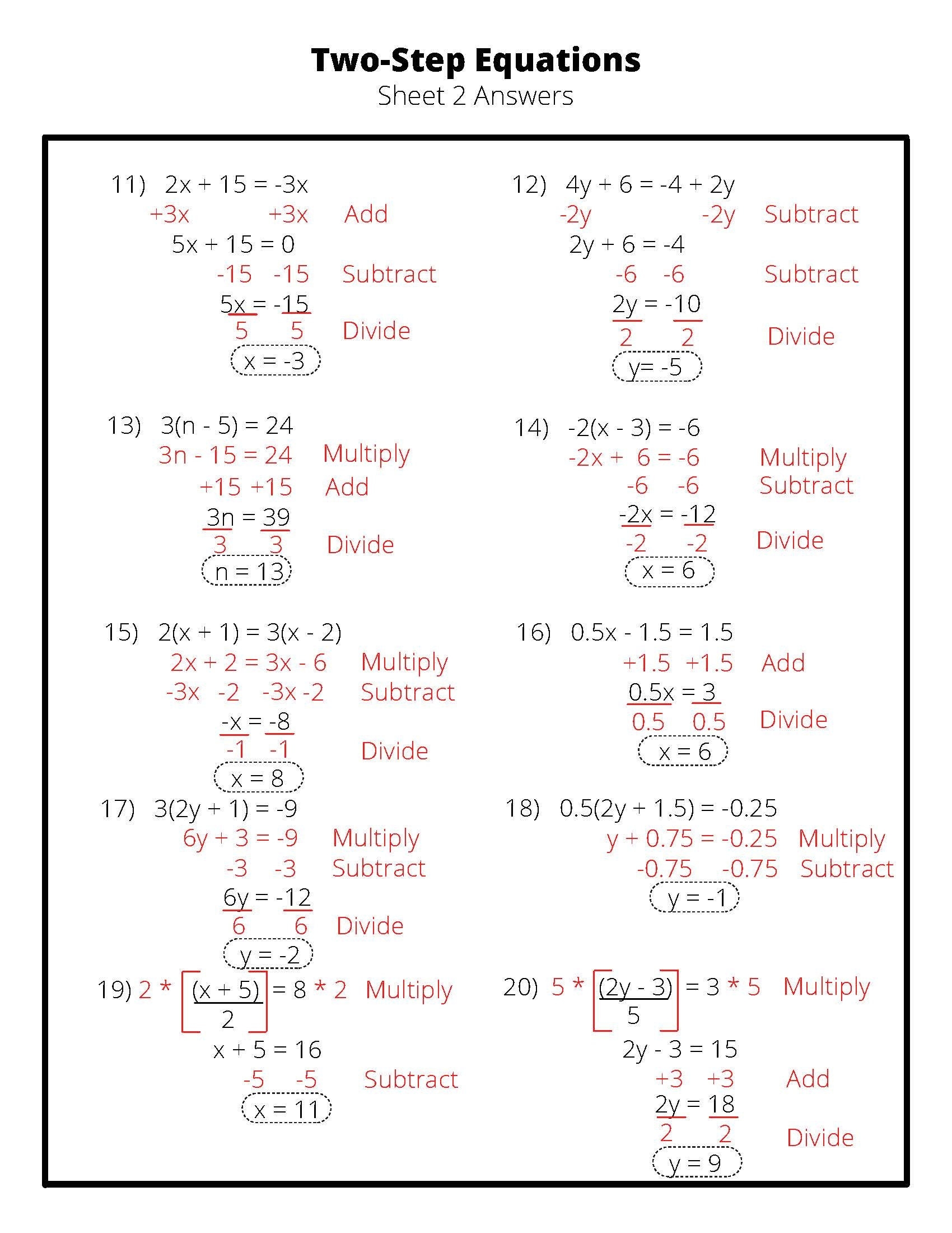two step equations worksheet