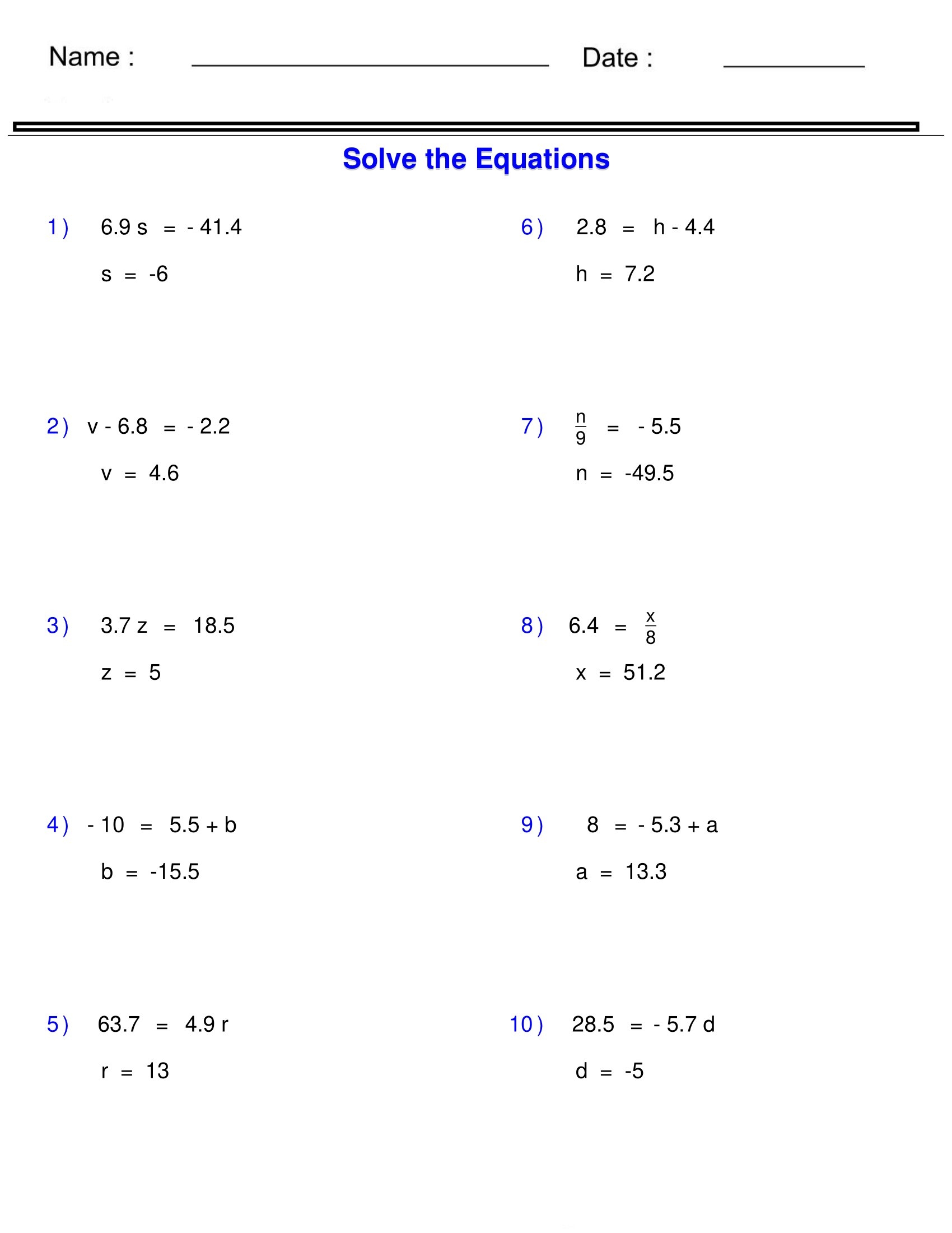 Pre Algebra Equations One Step Equations Containing Decimals Worksheets Made By Teachers