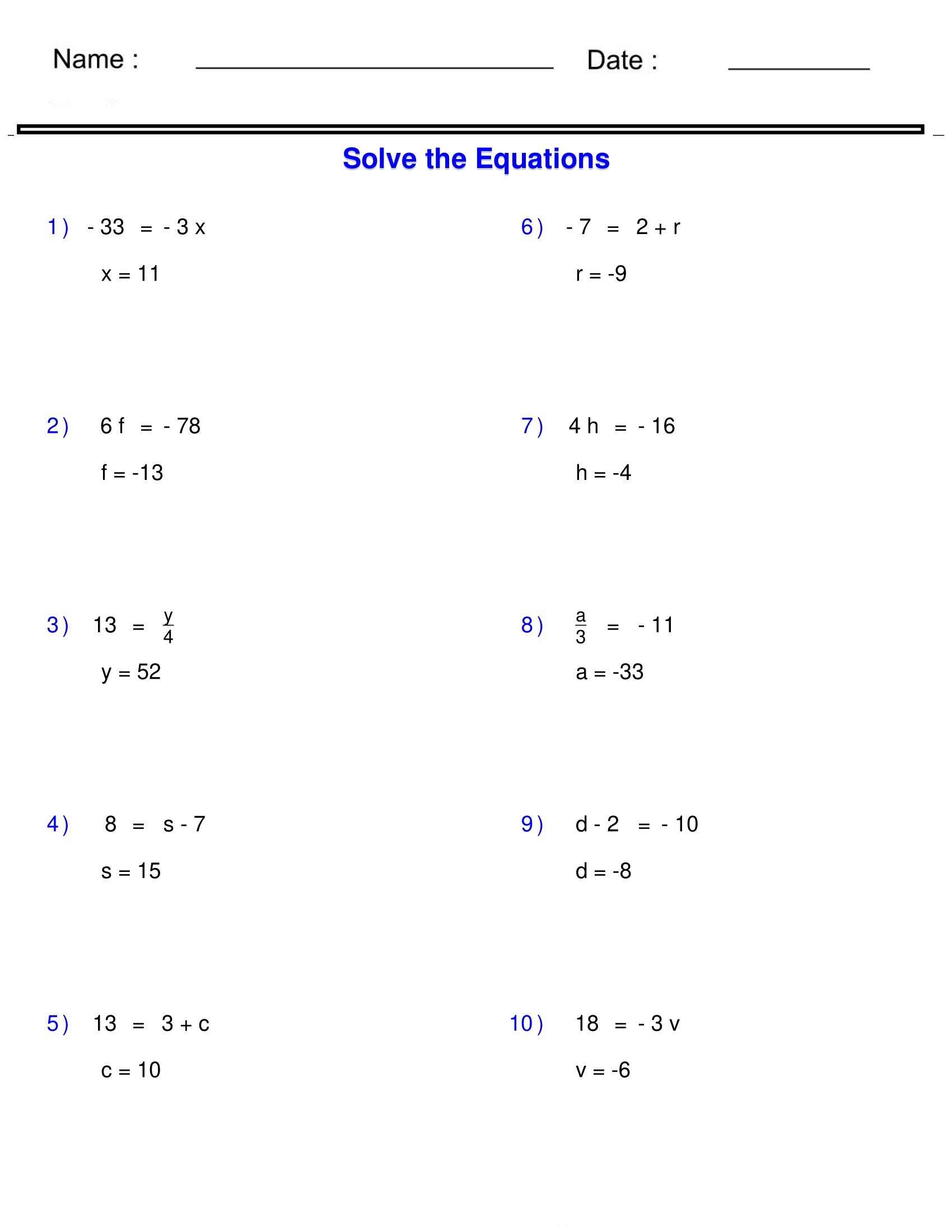 Pre Algebra Equations One Step Equations Containing Integers Worksheets Made By Teachers Pre Algebra Equations One Step Equations Containing Integers Worksheets Made By Teachers