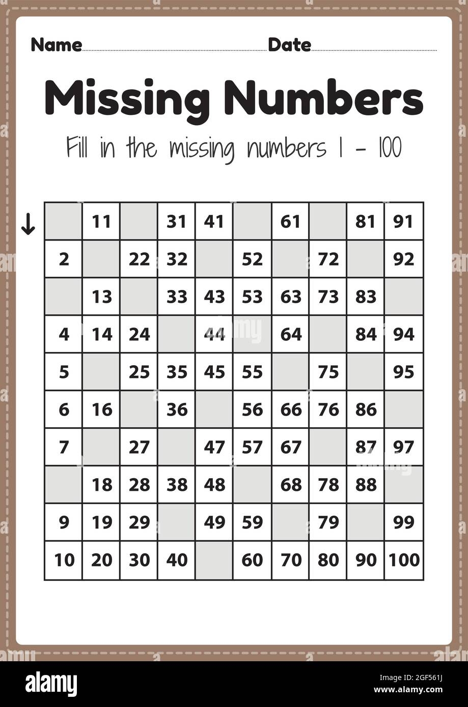 Preschool Math Worksheets Missing Numbers 1 To 100 Printable Sheet For Kindergarten Kids Activity To Learn Basic Mathematics Skills Stock Vector Image Art Alamy Preschool Math Worksheets Missing Numbers 1 To 100 Printable Sheet For Kindergarten Kids Activity To Learn Basic Mathematics Skills Stock Vector Image Art Alamy