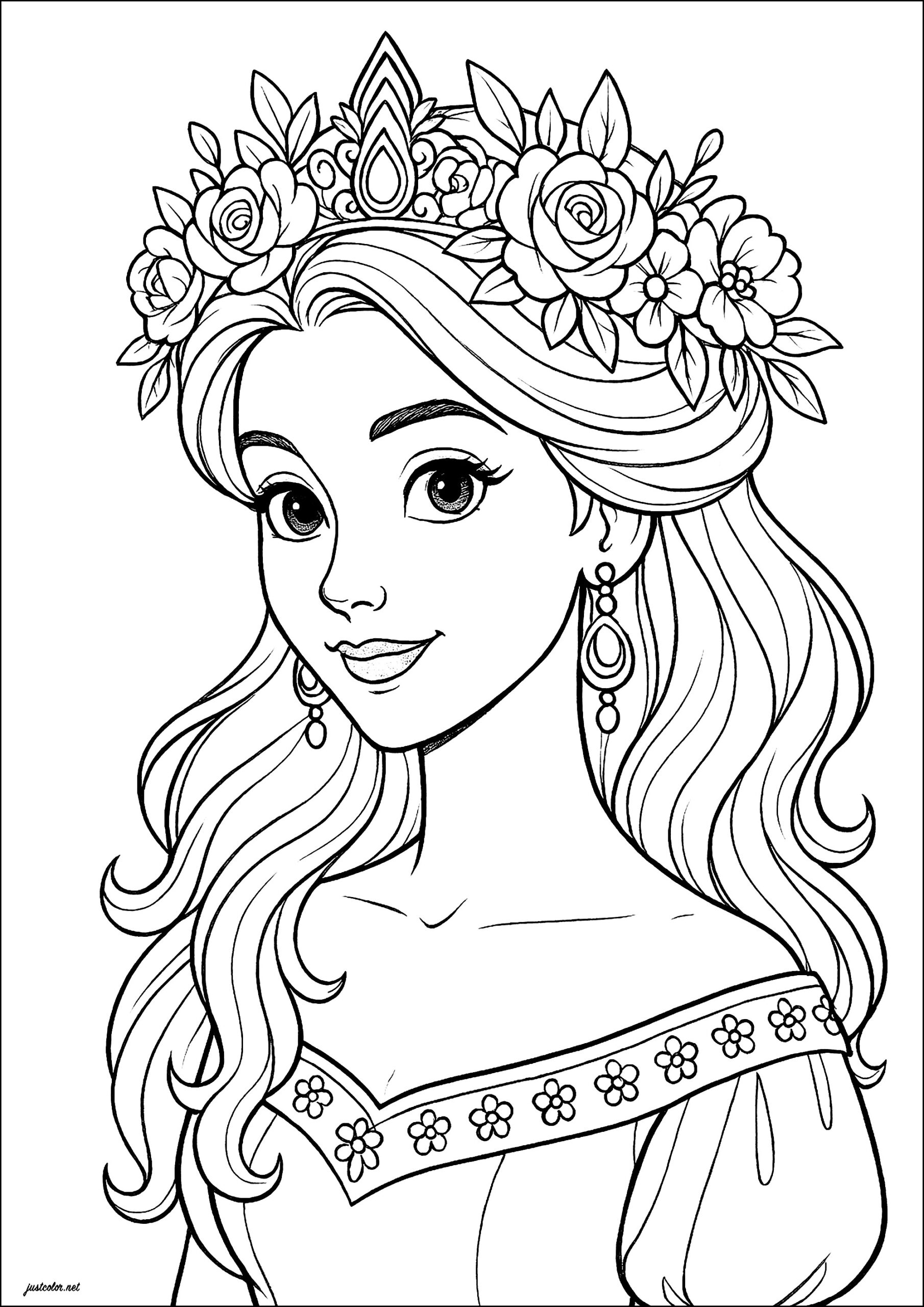 Pretty Princess With Flower Crown Princess Coloring Pages Pretty Princess With Flower Crown Princess Coloring Pages