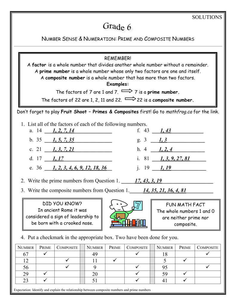 Prime Composite Numbers Worksheet Grade 6