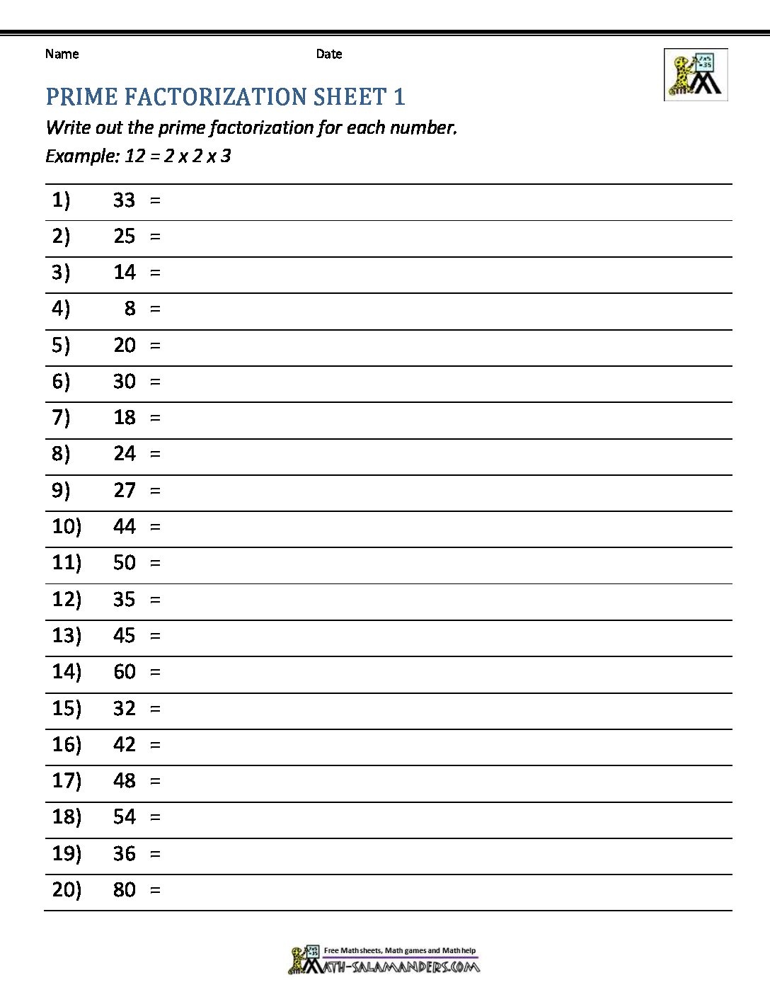 prime factorization worksheet prime factorization worksheet
