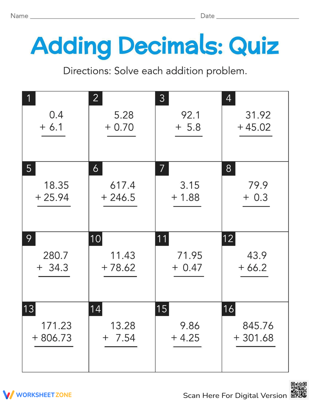 adding subtracting decimals worksheet