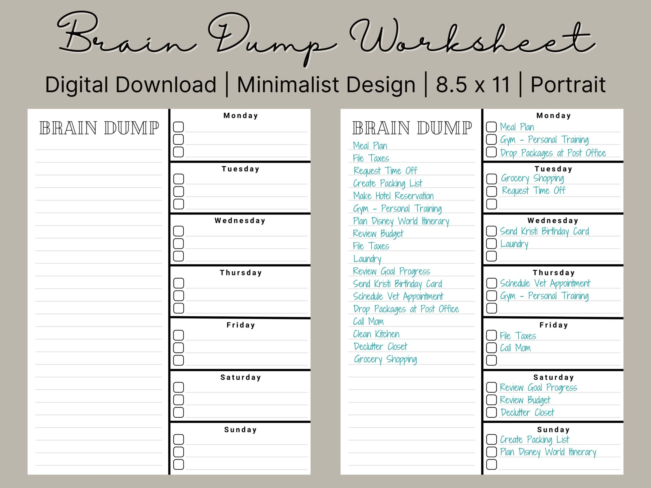 Printable Brain Dump Worksheet Weekly Organizer digital Download Etsy