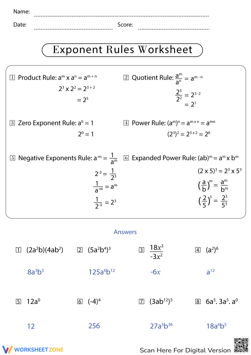 Printable Exponent Rules Review Worksheets