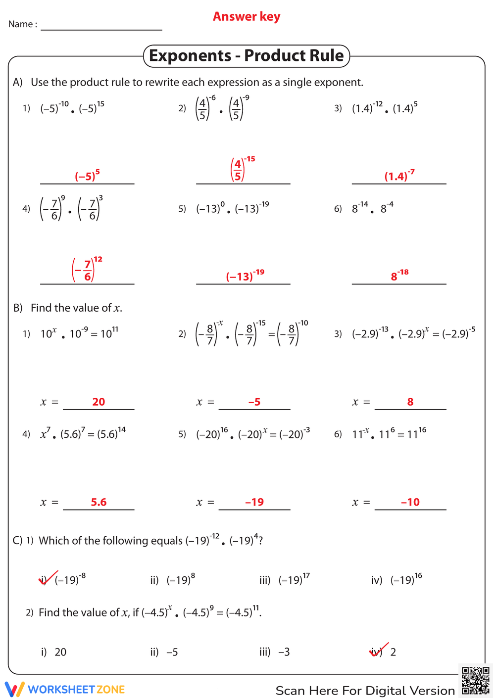 Printable Exponent Rules Review Worksheets