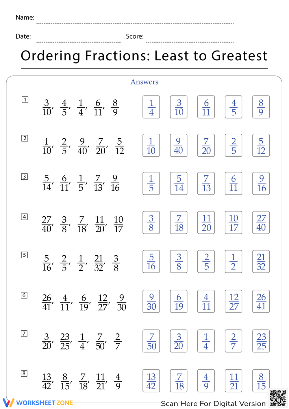 Printable Fractions Ordering Worksheets Download