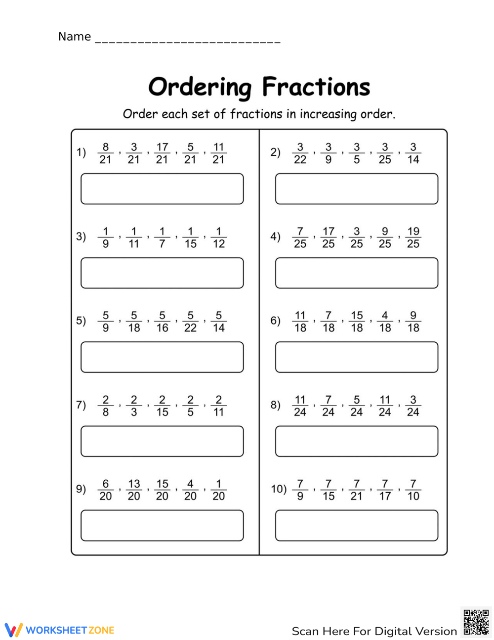 Printable Fractions Ordering Worksheets Download