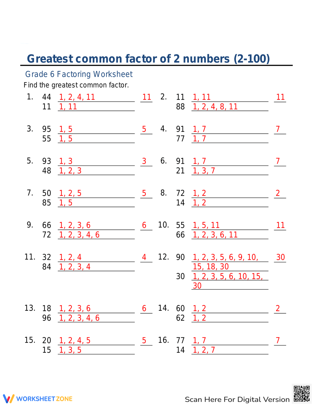 Printable Grade 5 Greatest Common Factor Worksheets