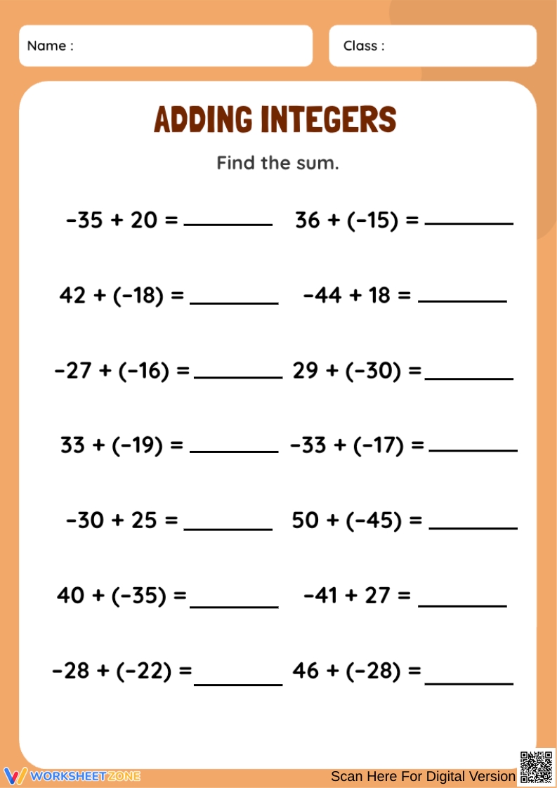 Printable Grade 6 Integers Worksheets Download