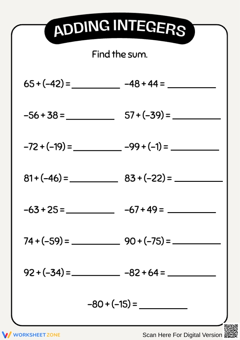 adding and subtracting integers worksheet