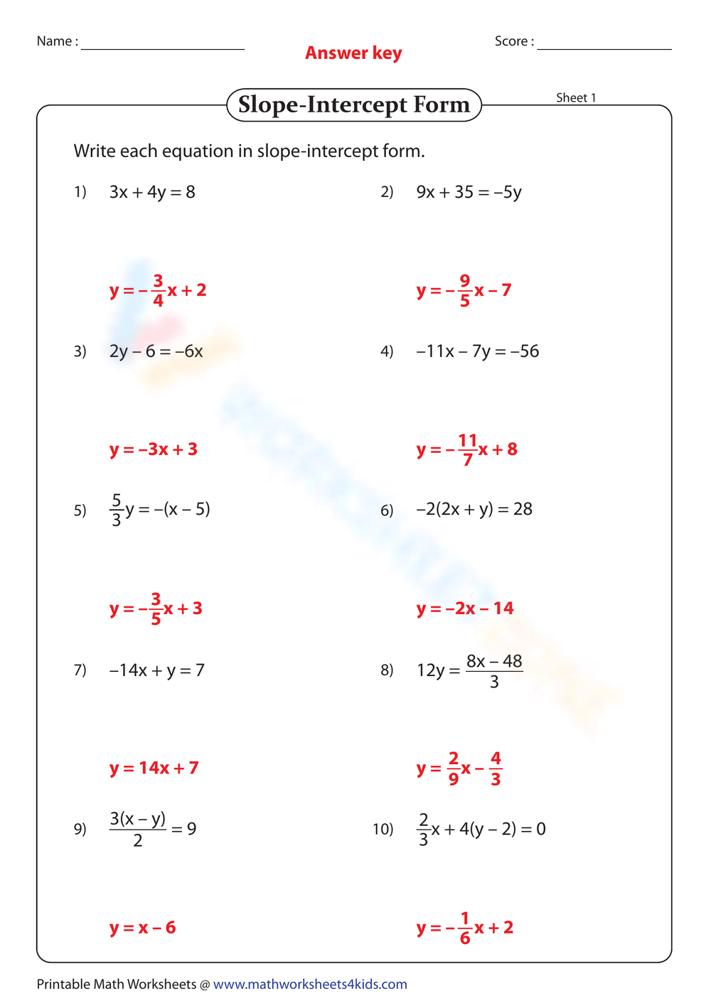 slope intercept form worksheet