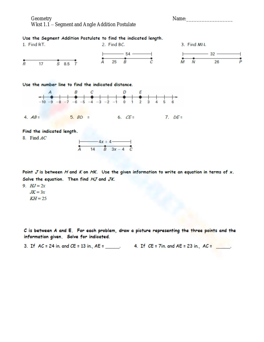 segment addition postulate worksheet segment addition postulate worksheet