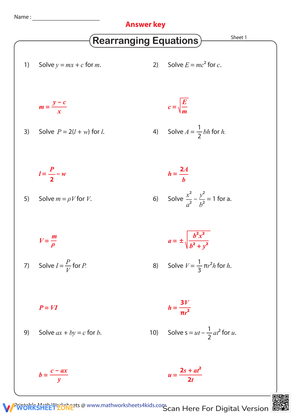 Printable Grade 8 Solving Literal Equations Worksheets