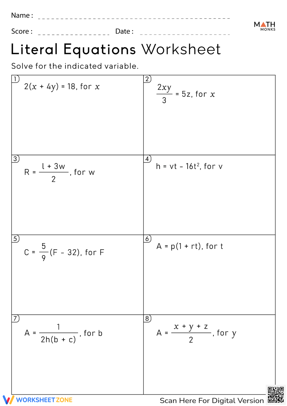 Printable Grade 8 Solving Literal Equations Worksheets