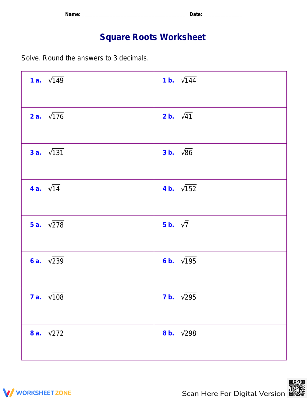 Printable Grade 8 Square Roots Worksheets