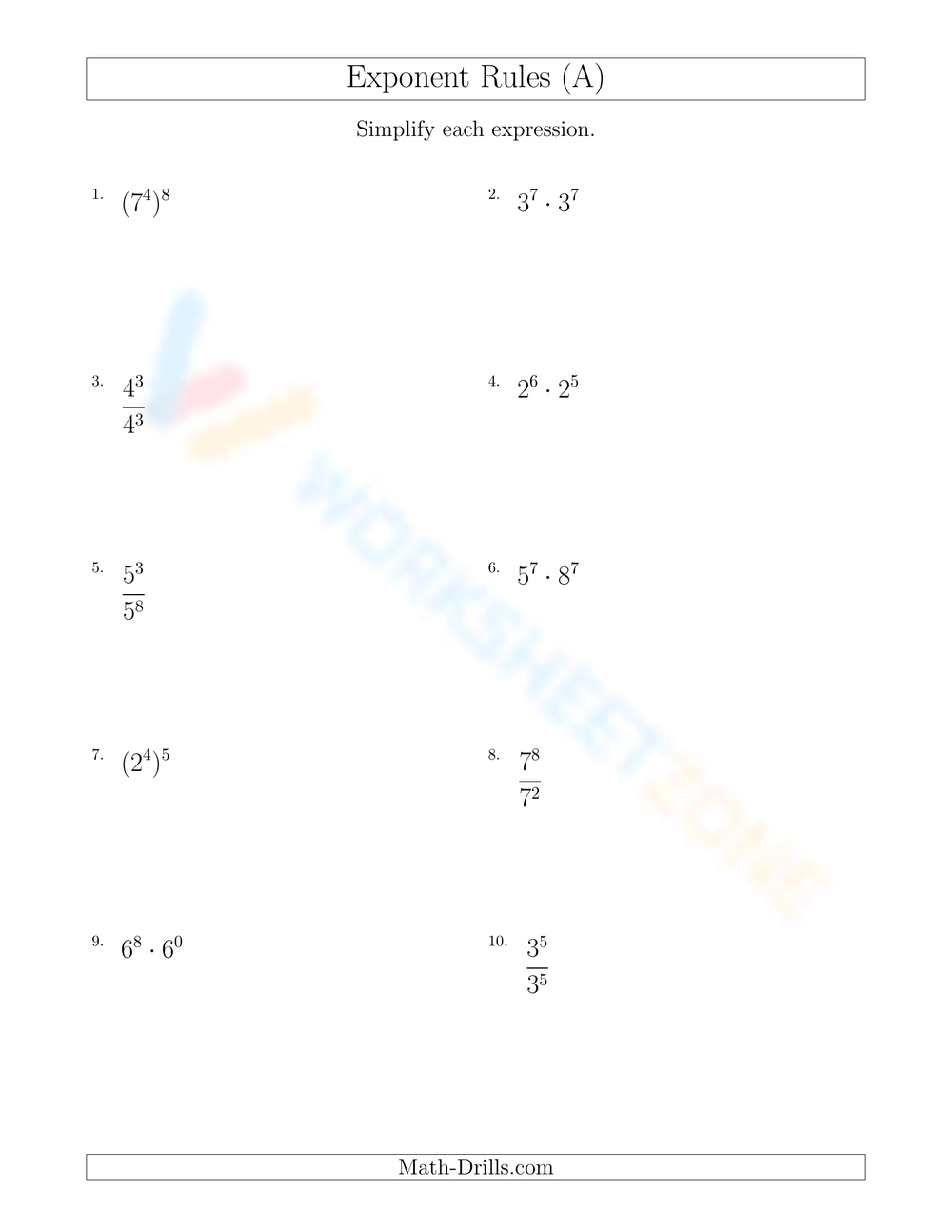 Printable Grade 9 Exponent Rules Review Worksheets