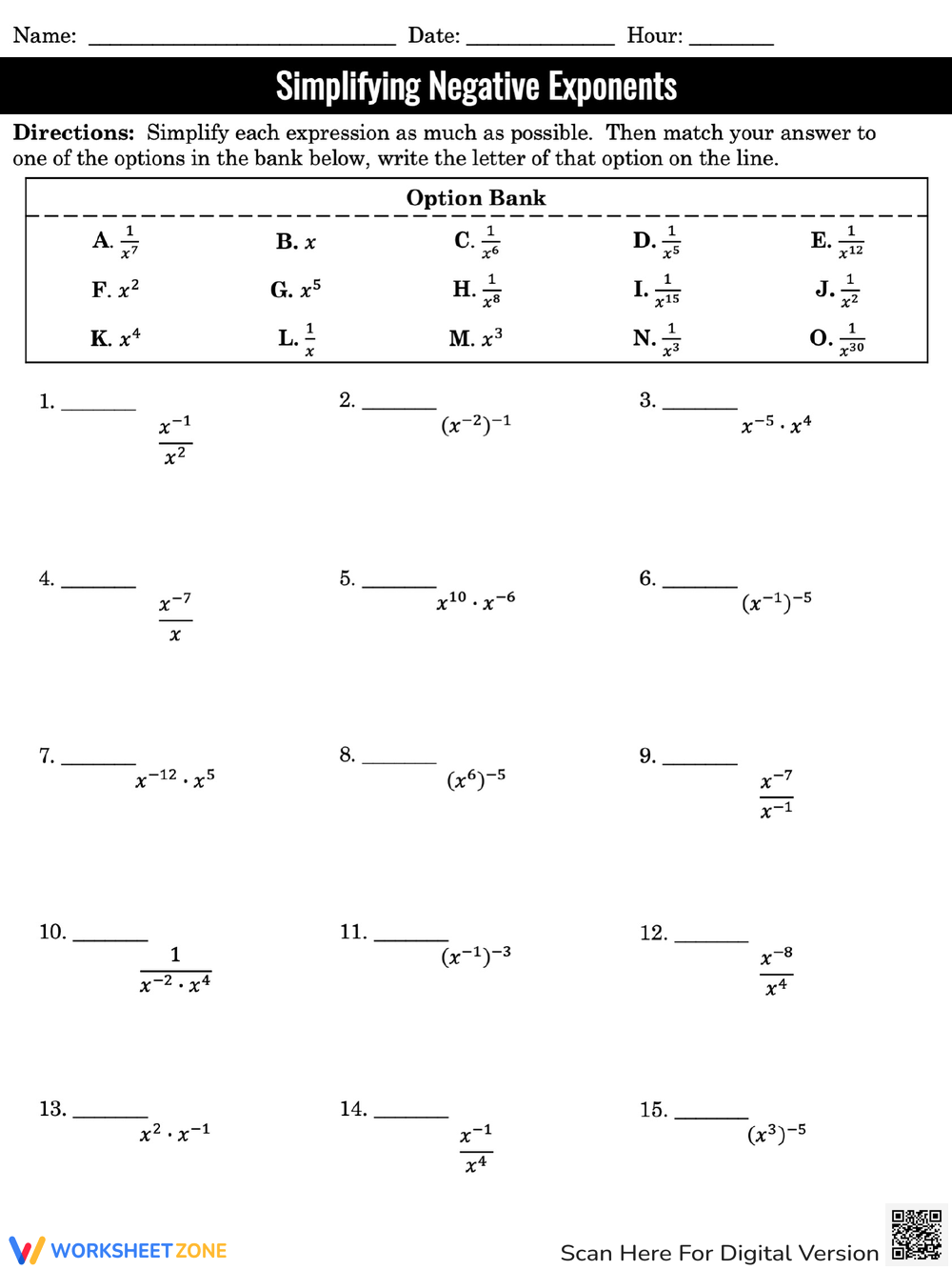 Printable Negative Exponents Worksheets