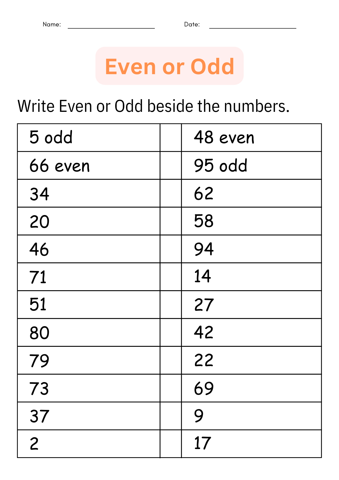 even numbers worksheet