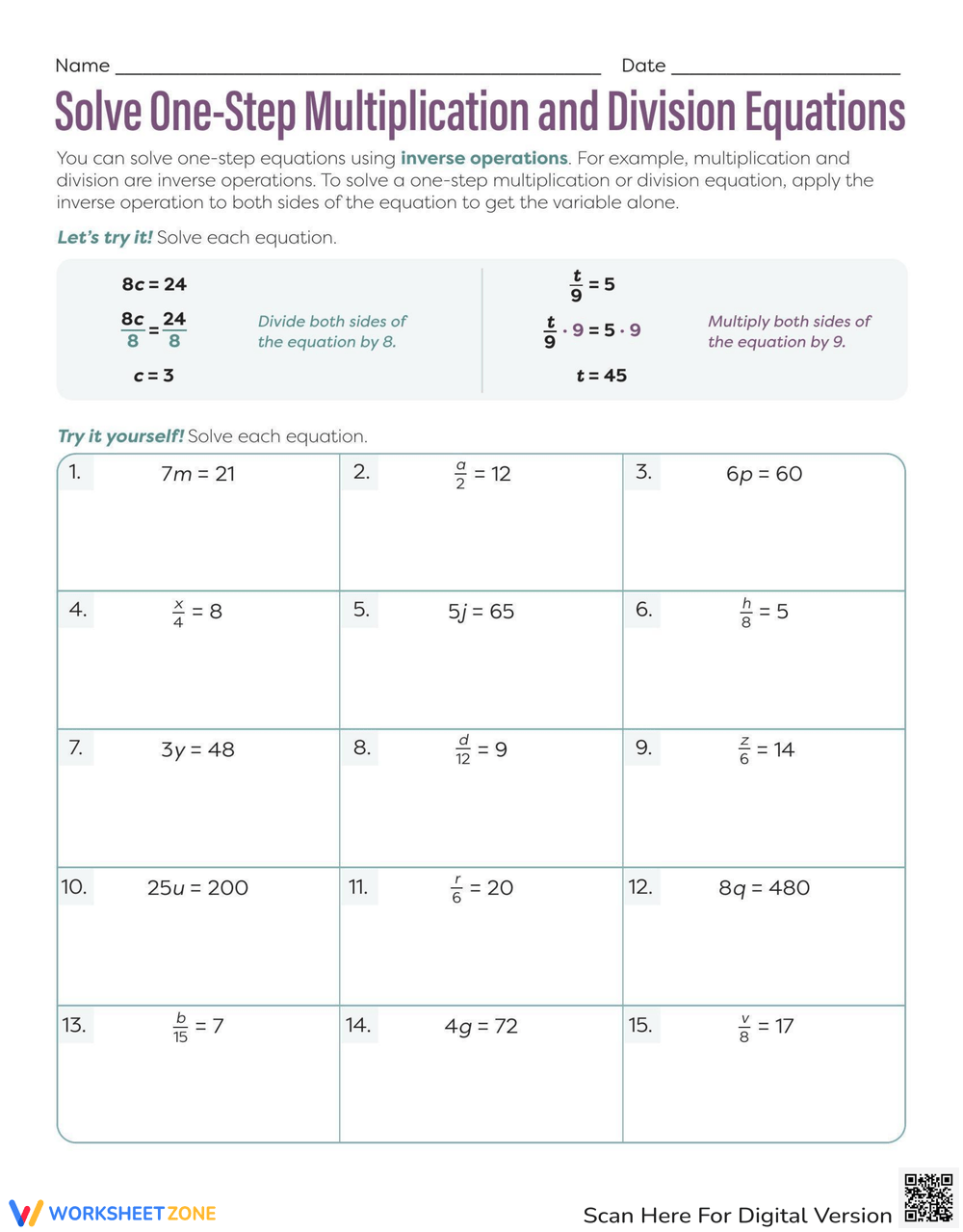 Printable One Variable Equations Worksheets