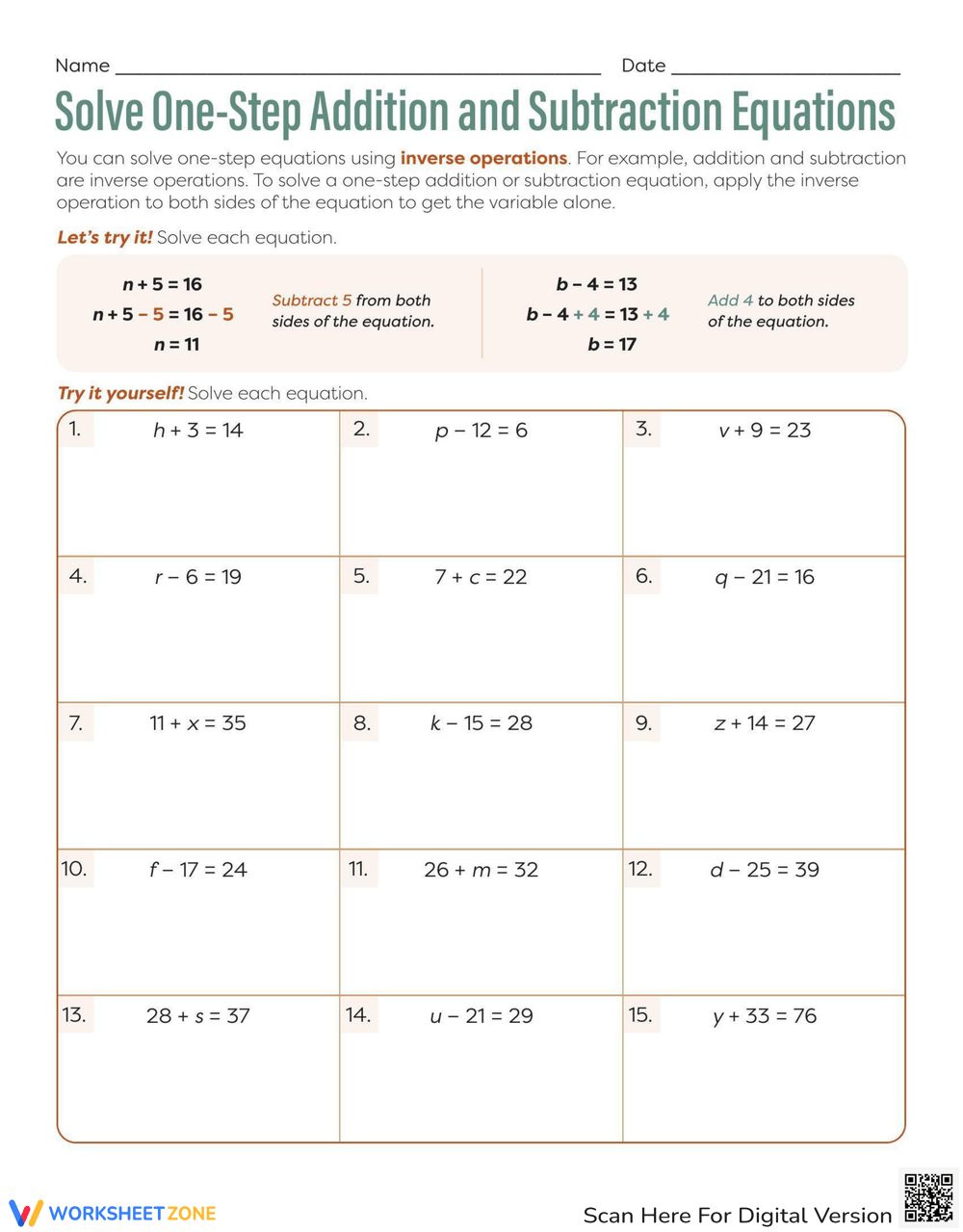 solving one step equations worksheet