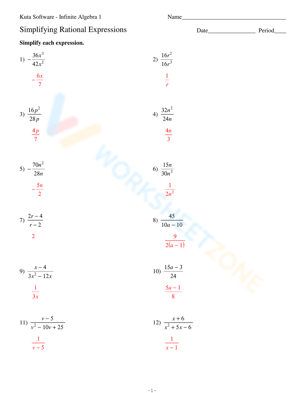 Printable Simplifying Rational Expressions Fill In The Blanks Worksheets Download