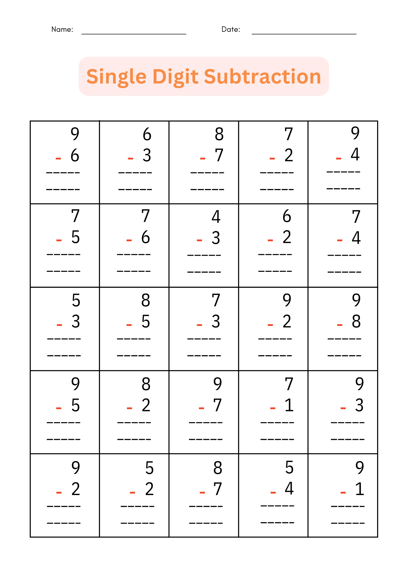 subtraction worksheets for grade 1