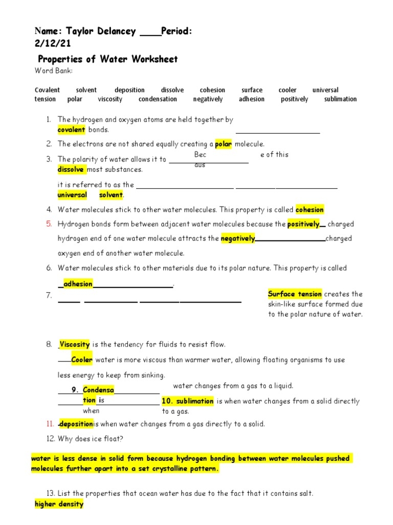 Properties Of Water Worksheet PDF Properties Of Water Worksheets Library
