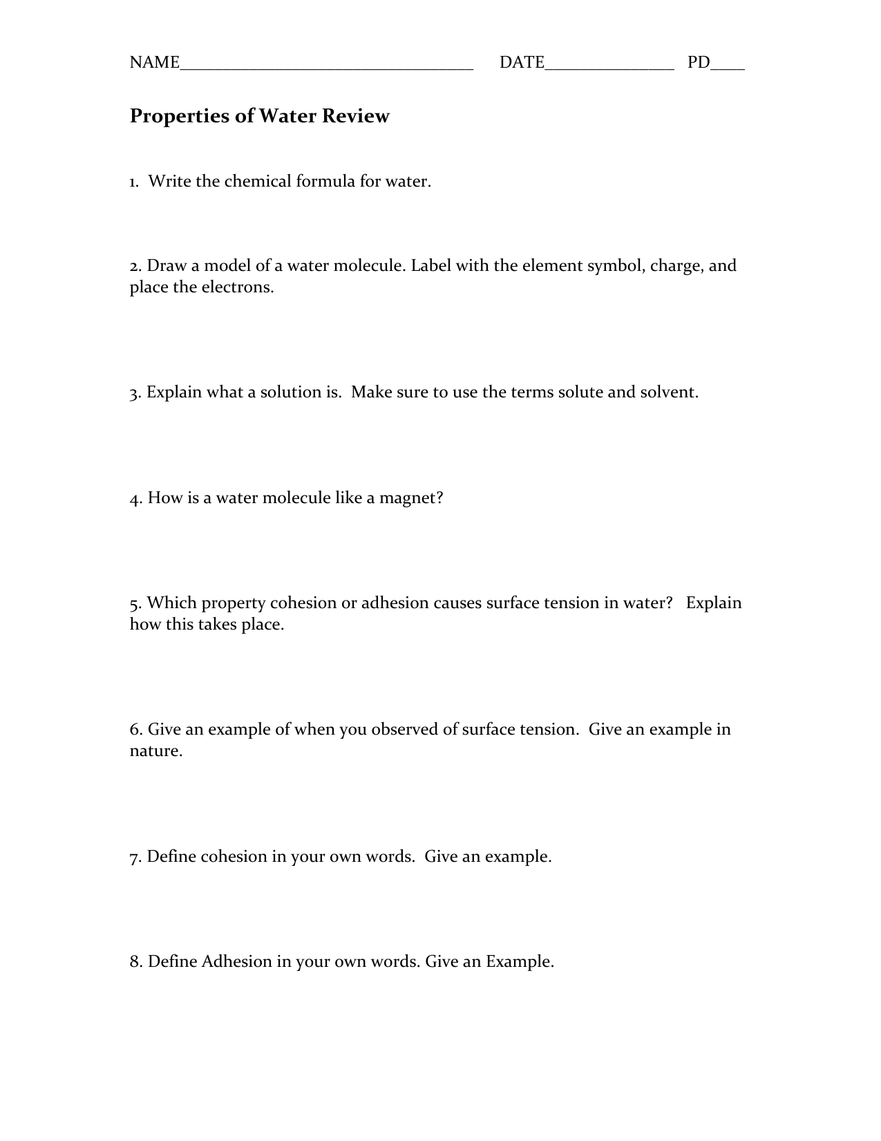 properties of water worksheet