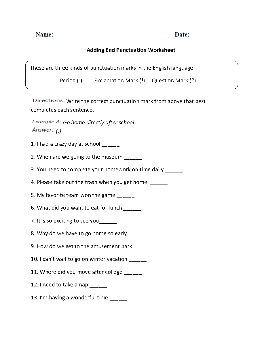 Punctuation Worksheets Free Printable Practice For Grades K 12