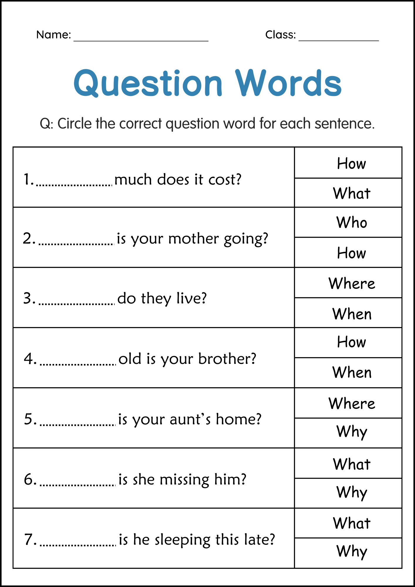 Question Words Worksheets With Answers 2nd Grade Writing Questions Activities Made By Teachers