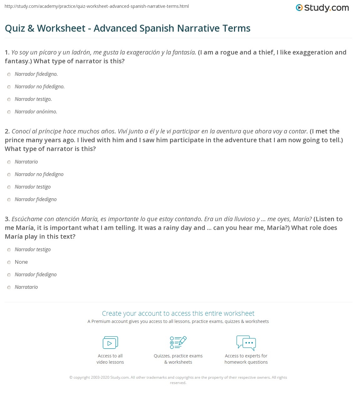 Quiz Worksheet Advanced Spanish Narrative Terms Study Quiz Worksheet Advanced Spanish Narrative Terms Study