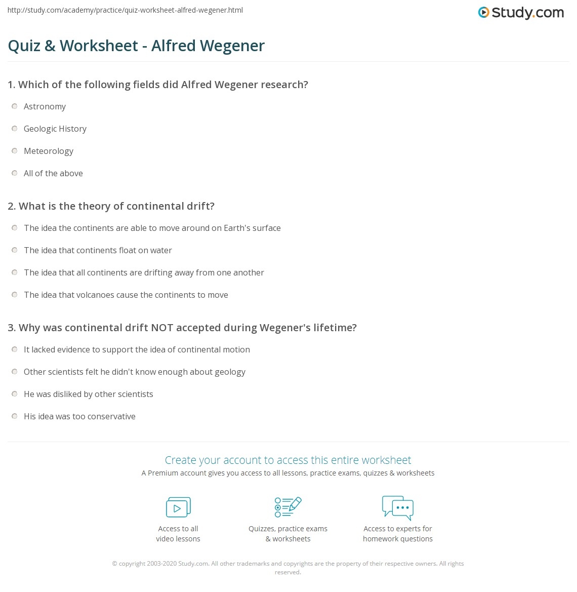 Quiz Worksheet Alfred Wegener Study