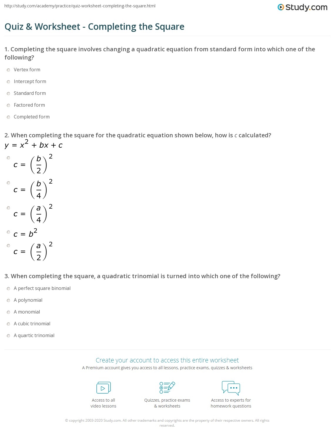 Quiz Worksheet Completing The Square Study