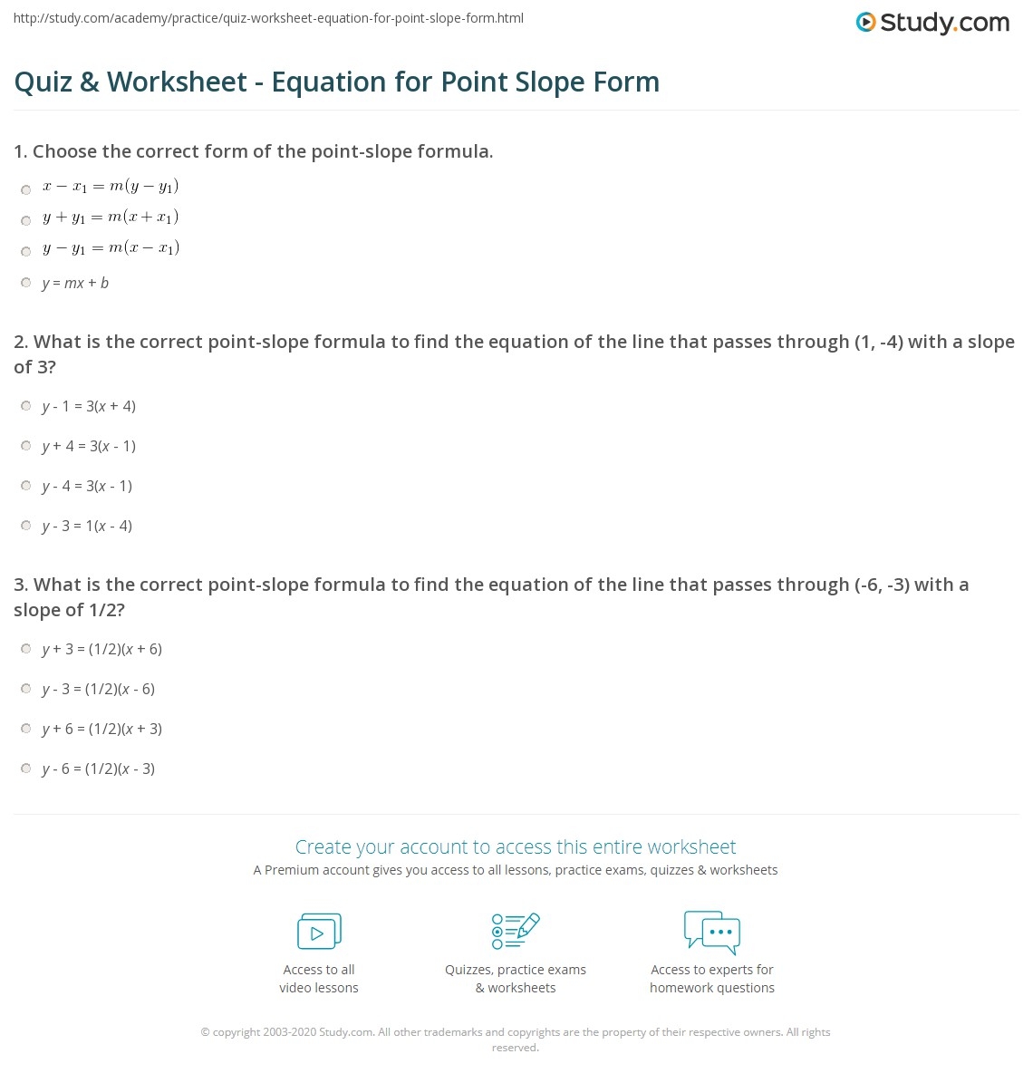 point slope form worksheet