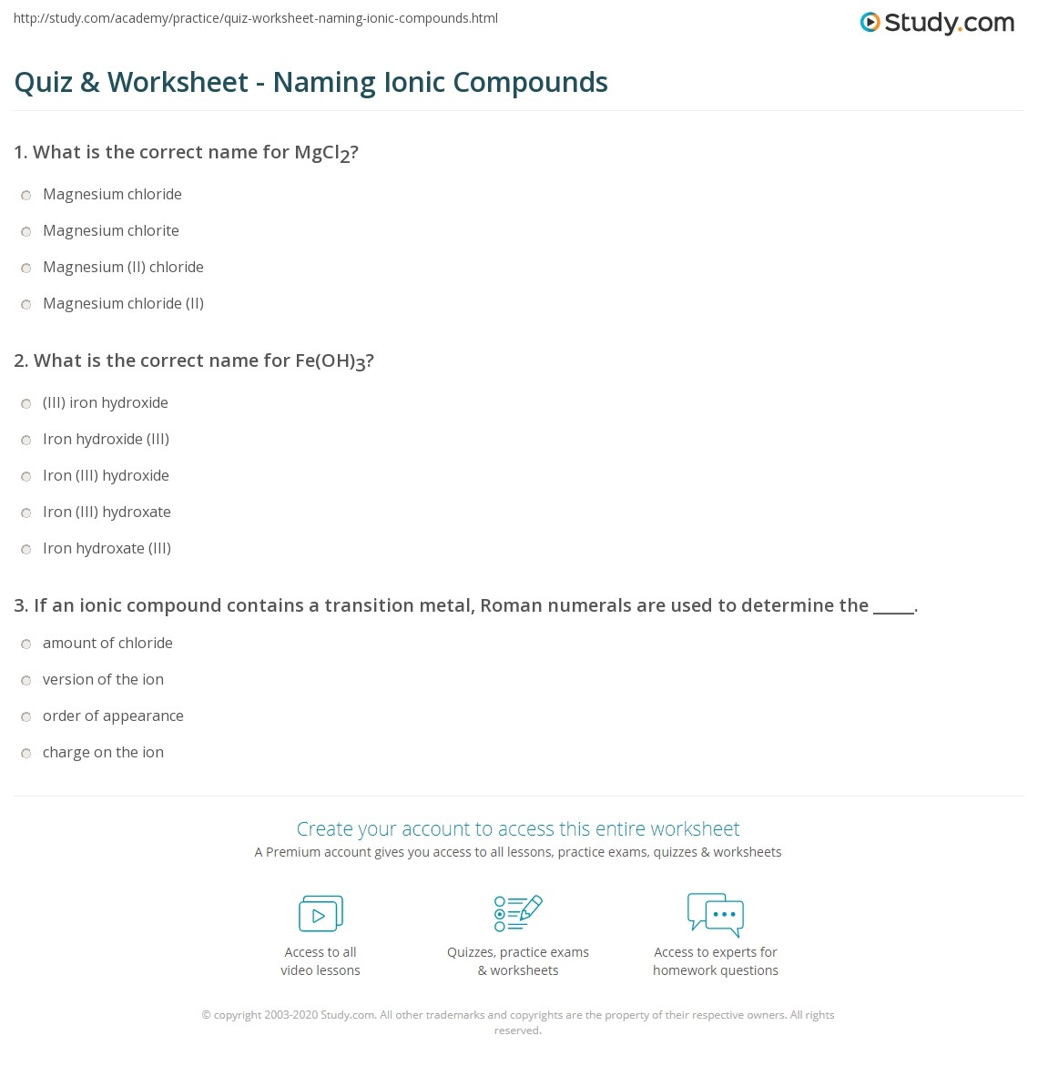Quiz Worksheet Naming Ionic Compounds Study