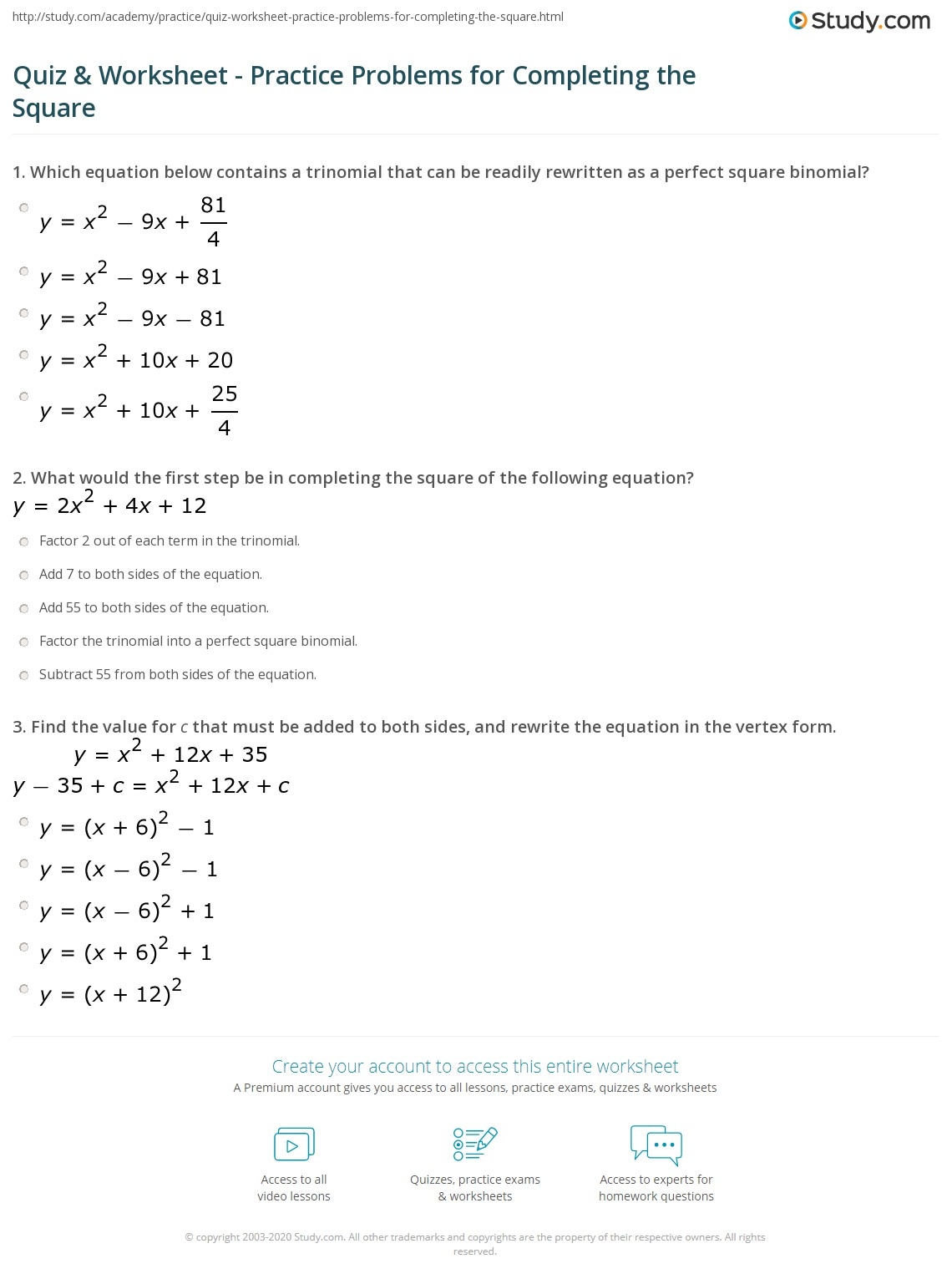 completing the square worksheet