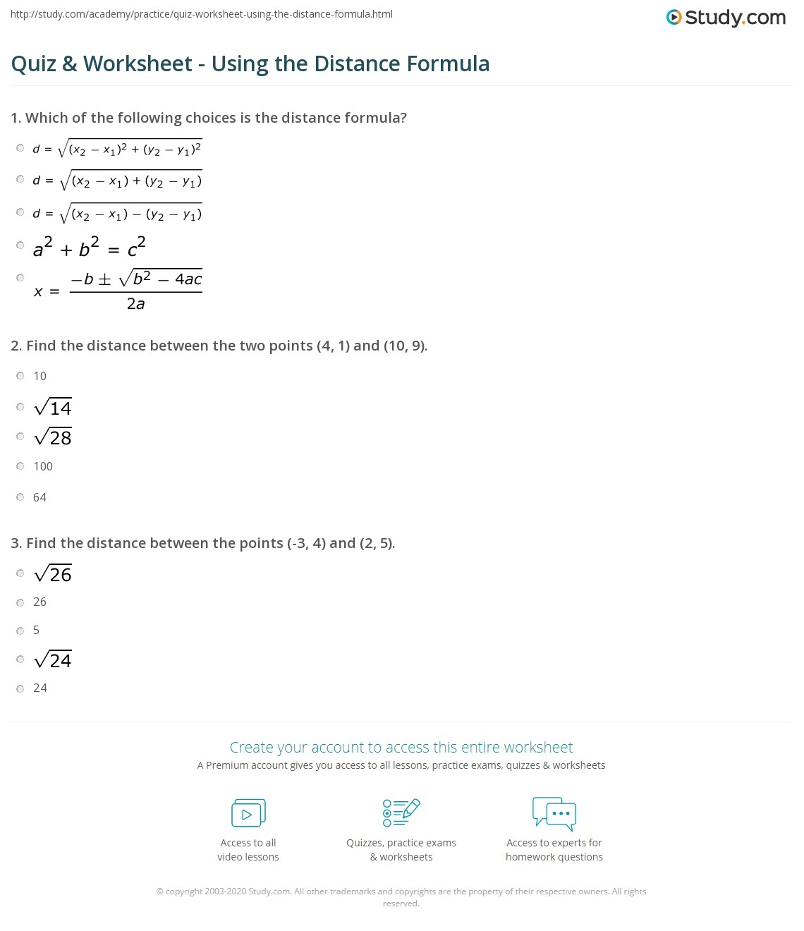 Quiz Worksheet Using The Distance Formula Study Worksheets Library